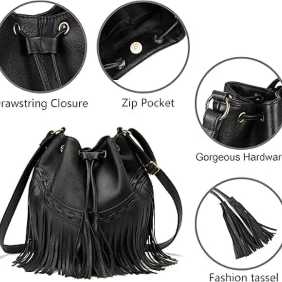 Leather Bucket Bags for Women Crossbody Fringe Purses with Drawstring Ladies - Picture 2 of 5